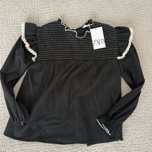 ZARA Black Smocked Blouse with Cream Trim